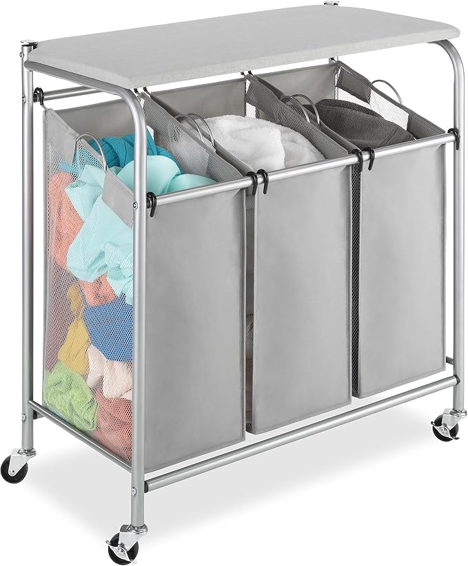 Whitmor 3 Section Rolling Laundry Sorter with Folding Station - Ironing Board, Chrome / Gray - Image 2