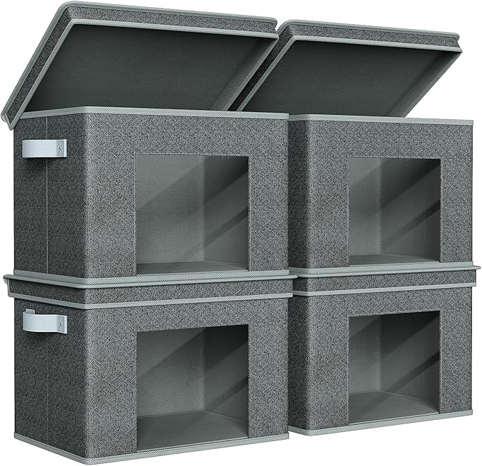 Univivi Fabric Storage Bins with Lids for Closet, 4 Pack, Black | Large Foldable Storage Boxes, Sturdy Collapsible Storage Bins with Clear Window, Storage Bins for Home, Closet, Shelves by Univivi