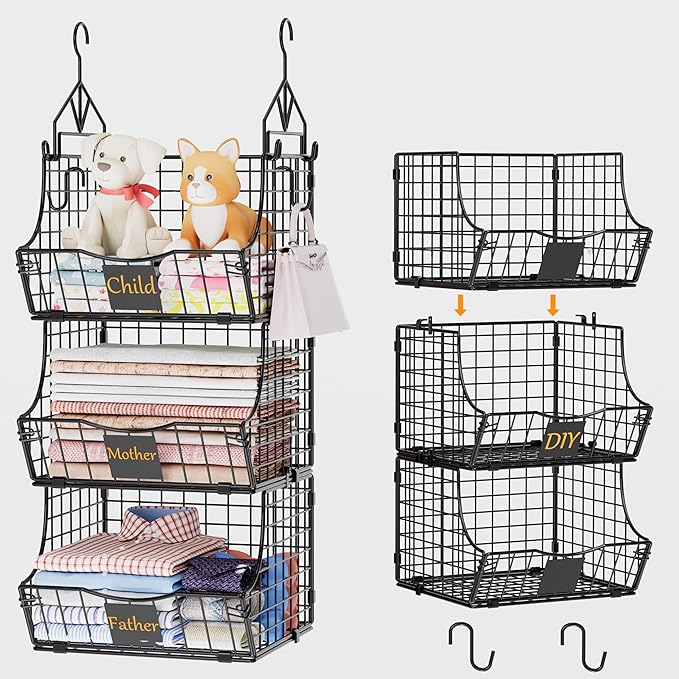 Hanging Closet Organizers and Storage, 5 Tier Closet Shelf Clothes Organizer with 2 S-Hooks, Multi-Functional Iron Wire Baskets, for Clothing, Sweaters, Handbags, Hat, Canned by Unknown