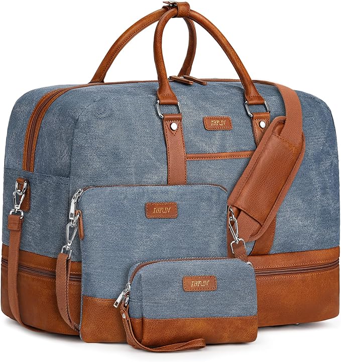 Weekender Bag for Women, Large Overnight Bag Canvas Travel Duffel Bag Carry On Tote with Shoe Compartment 21" 3Pcs Set by IBFUN