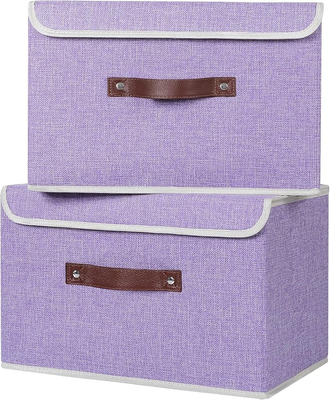 ANMINY Fabric Storage Box Bins with Lids, Purple, 13"x9"x7.9" | Keepsake Memory Storage, Cotton Linen, PP Board Reinforced, Washable, PU Handles, Foldable & Stackable, Decorative, Medium - Image 6