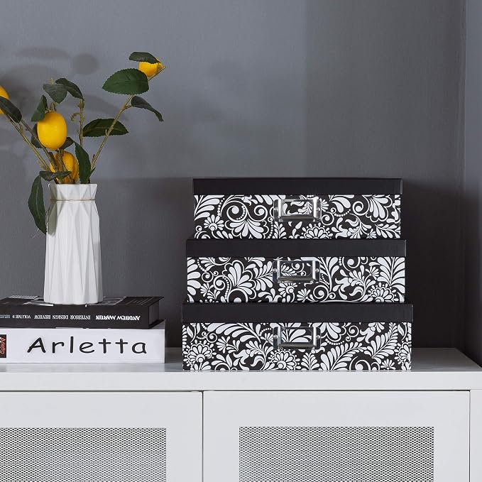 Soul & Lane - Black and White Floral Storage Boxes with Lids, Set of 3 | Decorative Cardboard Paper Box Set for Documents, Photos, Memories and Keepsakes, Large Pretty Nesting Letter Organizers - Image 2