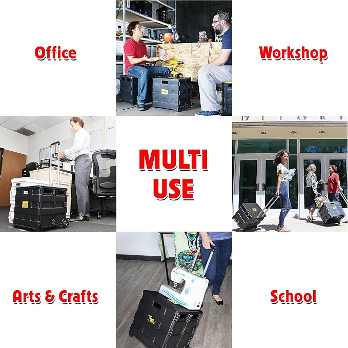 dbest products Quik Cart Sport Collapsible Rolling Crate on Wheels for Teachers Tote Basket 80 lbs Capacity, Made from Heavy Duty Plastic, Black, Compact | Roll Up to 80 lbs Capacity, Heavy Duty Plastic Construction, Telescoping Handle, Foldable Utilit... - Image 5
