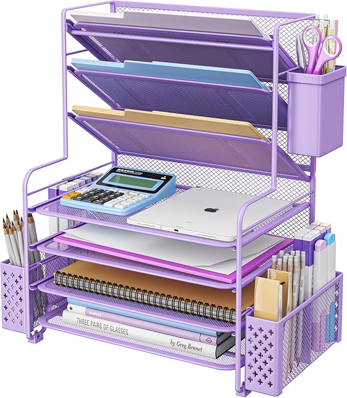 Simple Trending 7 Tier Desk File Organizer, Letter Tray Paper Organizer with Pen Holder and Metal Hanging Basket, Purple by SimpleTrending