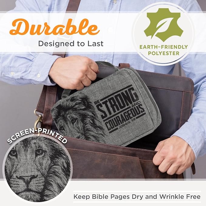 Christian Art Gifts Value Poly-Canvas Bible Cover for Men & Women: Strong & Courageous Bold Lion - Joshua 1:9 Inspirational Scripture with Pocket, Sleeves, Pen Loops, Gray, Medium - Image 3