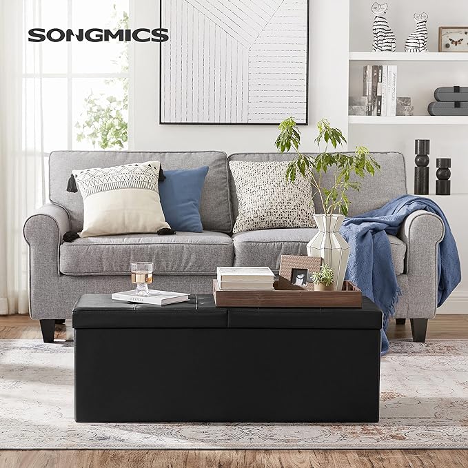 SONGMICS 43.3 Inches Folding Storage Ottoman Bench with Flipping Lid | Storage Chest Footrest Padded Seat, Iron Frame Support, Ink Black, MINOTA Collection ULSF75BK - Image 2