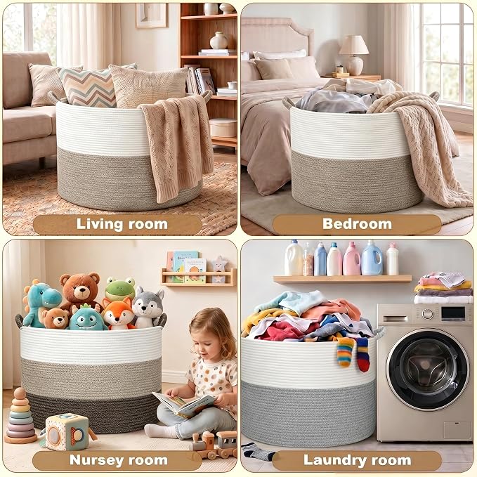 XXXL Large Blanket Basket for Living Room, 21.7" x 13.8" Woven Cotton Rope Laundry Hamper for Pillows, Towels & Toy Storage - Decorative Round Storage Basket with Handles for Nursery, Baby & Dog Toys - Image 8