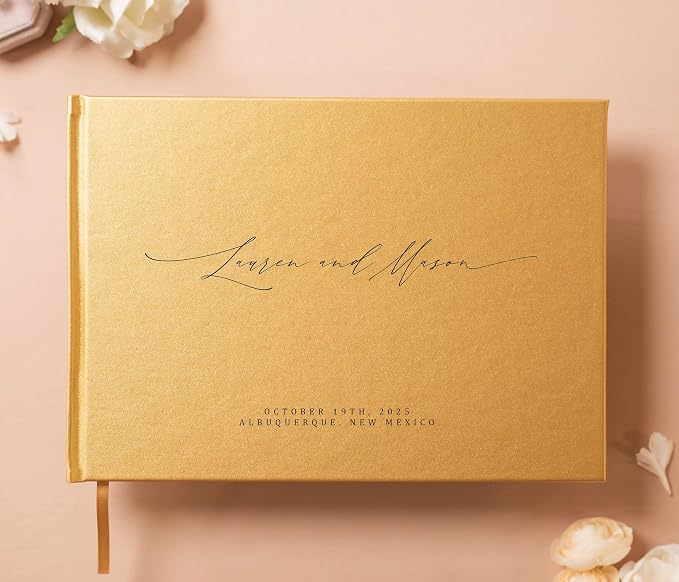Personalized Guestbook in Gold - Premium Custom Modern Guest Book for Wedding Reception, Birthday Party or Events w/Bookmark Blank Pages for Signing 11.5 x 8.5 inches - Image 2