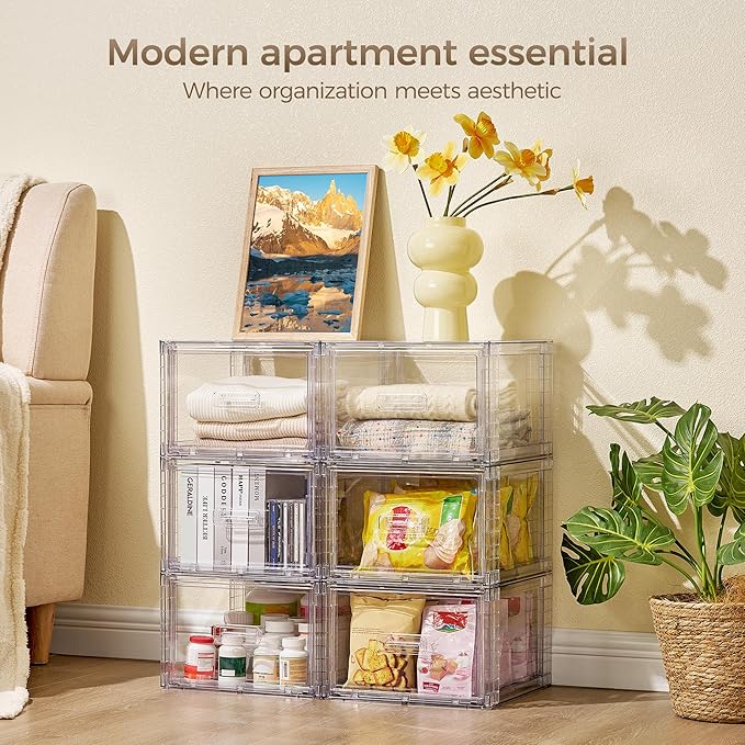 Vtopmart 6 Pack Clear Stackable Storage Bins 15QT | Easily Assemble Bathroom Organizers,Plastic Storage Bins for Kitchen Pantry,Under Sink Organization(Medium) - Image 4
