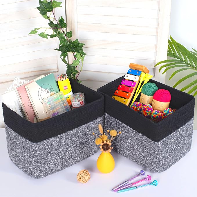 3-Pack Storage Baskets for Shelves, Playroom and Classroom Storage Basket, Book Basket, Decorative Storage Cube Bins, Woven Closet Organizers, Pantry and Shoe Organizer, Black Grey Mix - Image 3