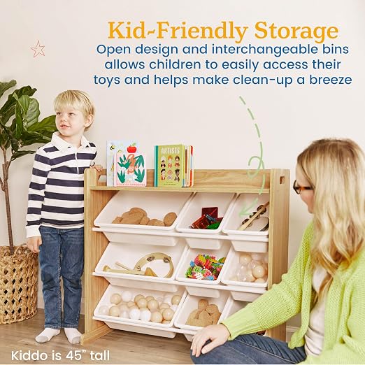 ECR4Kids 3-Tier Organizer with Shelf and 9 Bins, Toy Storage, Dark Natural/White | Durable plastic bins, MDF panels, steel frame, GREENGUARD Gold Certified, 36 lb capacity, anti-tip kit, playroom/classroom - Image 5