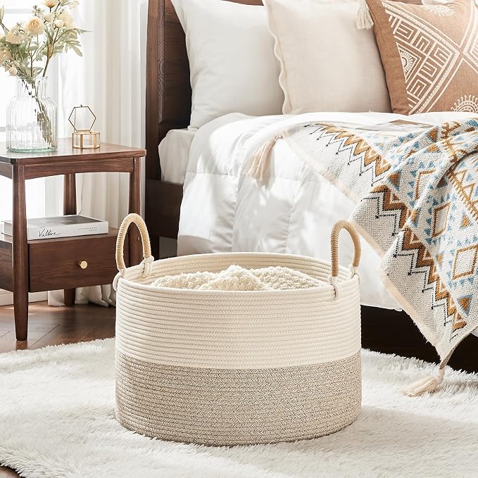 KAKAMAY Large Blanket Basket with Handles, Storage Basket for Living Room | Extra Large Capacity | Natural Cotton Rope | Blanket Storage | Woven Storage Basket | Stuffed Animal Storage | Laundry Basket - Image 5