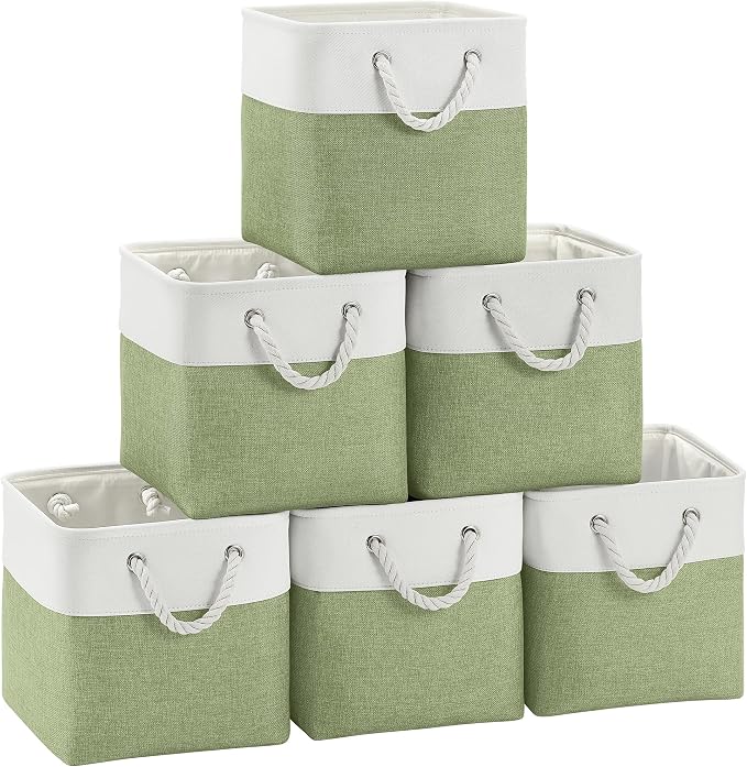 FinishingBo 11 inch Cube Storage Bin with Handles 6 Pack | Foldable Basket, Fabric Storage Bins, Closet Storage, Home Organizer (White/ Green) by SimplifySpaceSimplifyLife