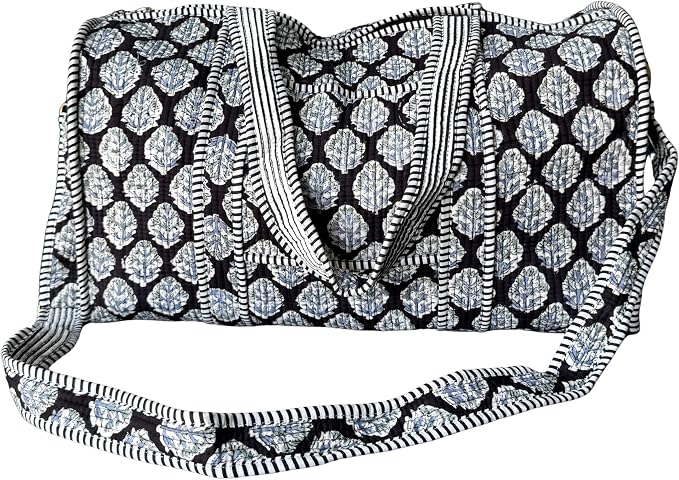 ATOSII Handblock Print 100% Cotton Large Quilted Duffle Bag for Overnight Trip, Travel Weekend Bag, Luggage, 2 Pockets with Zipper, 1 Front Pocket, Detachable Long Strap, 20 X 10 X 12 Inches, Gracie by ATOSII