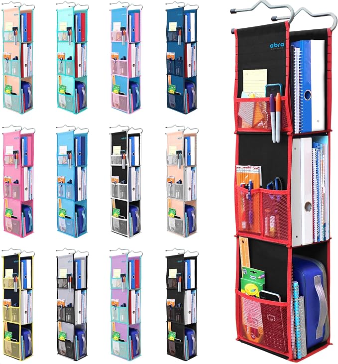 ABRA® 3 Shelf Hanging Locker Organizer for School, Gym, Work, Storage | Deep Shelves 6.5”x 9”| Eco-Friendly Fabric Healthy for Children | Adjustable School Locker Shelf from 3 to 2 Shelves (Black/Red) by ABRA