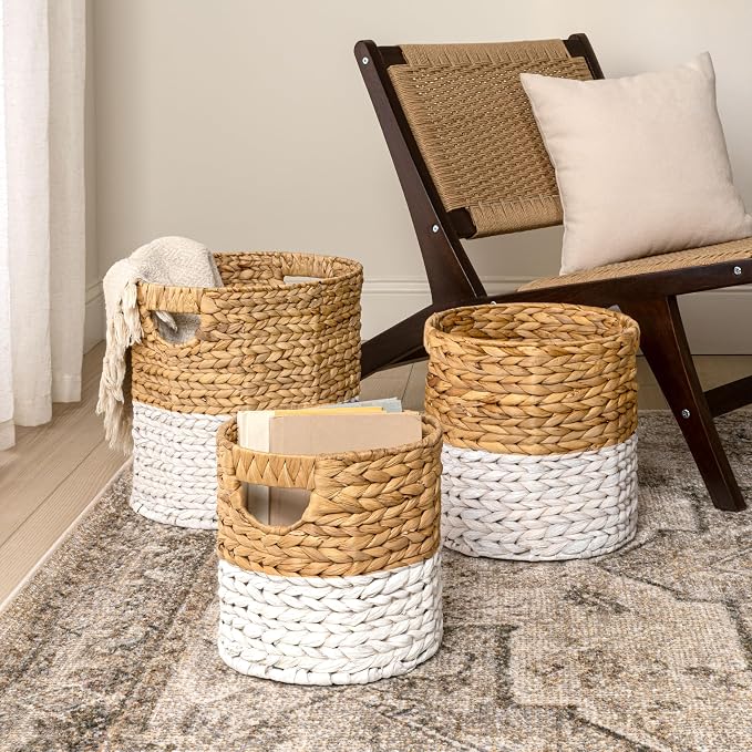 happimess Avery 3-Piece Cylinder Nesting Baskets 13", White/Natural | Hyacinth, Bohemian Cottage Style, Handwoven Wicker, Iron Metal Frame, Decorative Storage For Toys And Books, Built In Handles - Image 2