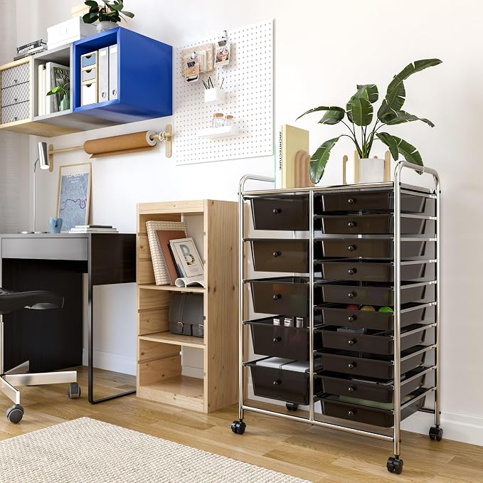 Seville Classics Rolling Utility Organizer Storage Cart , for Home Office, School, Classroom, Scrapbook, Hobby, Craft, 15 Drawer, Black - Image 5