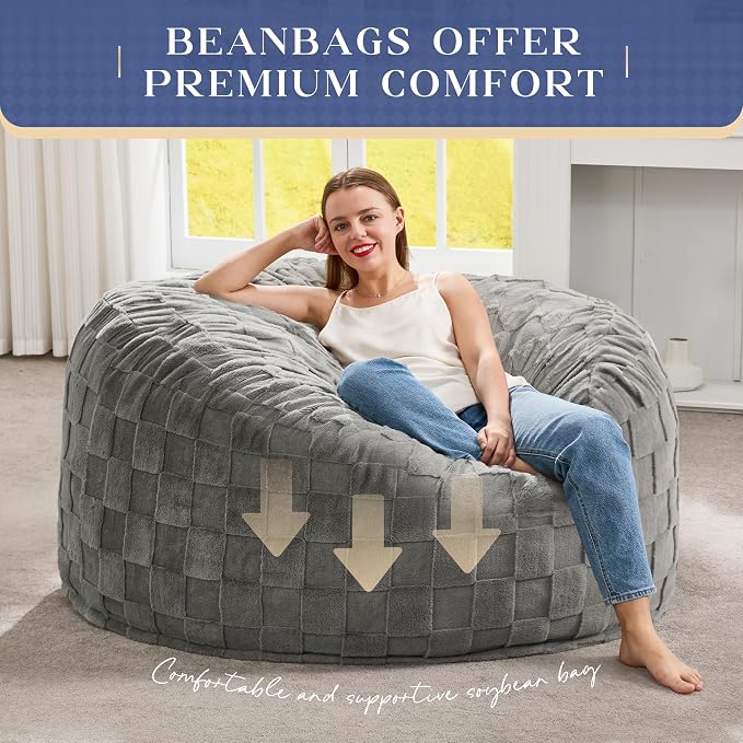 Hobestluk Adults Bean Bag Chair 4FT Big BeanBag Chair Extra Large Oversized | Memory Foam,Washable Cover,Unique Fluffy Plaid,Comfy Adult Bean Bag with Filler Gaming Reading Bedroom Living Room | Grey 4FT - Image 6