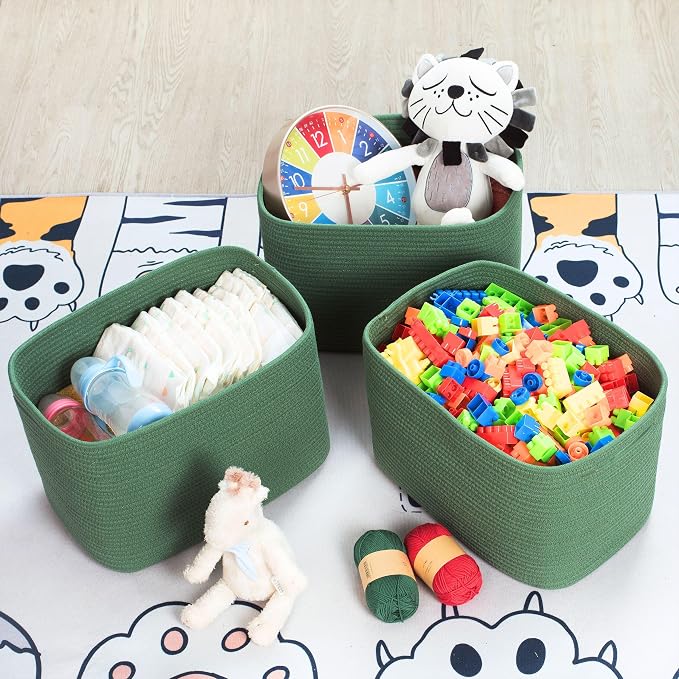 3-Pack Decorative Woven Storage Baskets for Shelves, Cube Bin Box for Organizing Books, Shoes, Dog Toys, Pantry Closet and Living Room Organizer, Forest Green - Image 5
