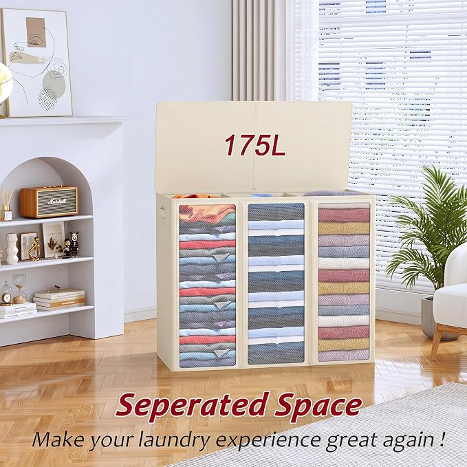 175L Laundry Hamper 3 Section,Large Laundry Hamper with Lid,Dirty Clothes Hamper with 3 Inner Bags,Collapsible Laundry Basket Organizer for Laundry Room,Bedroom,Laundry Sorter Hamper 3 Compartment - Image 4