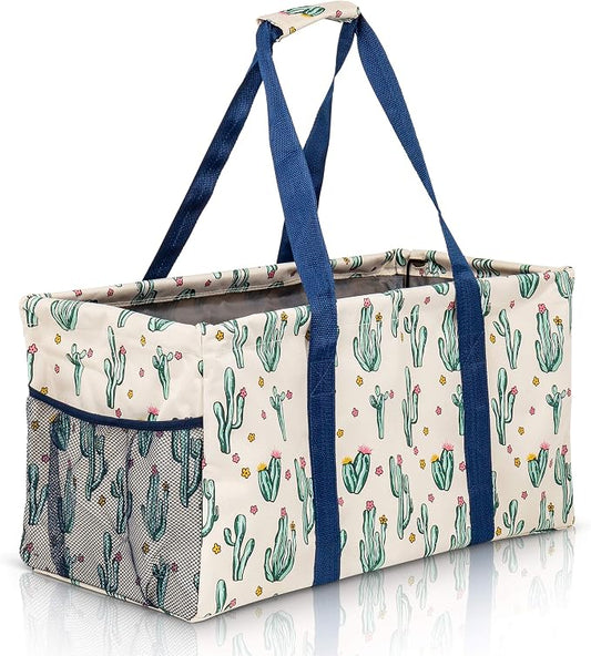 Extra Large Utility Tote Bag, Oversized Collapsible Reusable Wire Frame Rectangular Canvas Basket With Two Exterior Pockets For Beach, Pool, Laundry, Car Trunk, Storage - Cactus White by Lucazzi