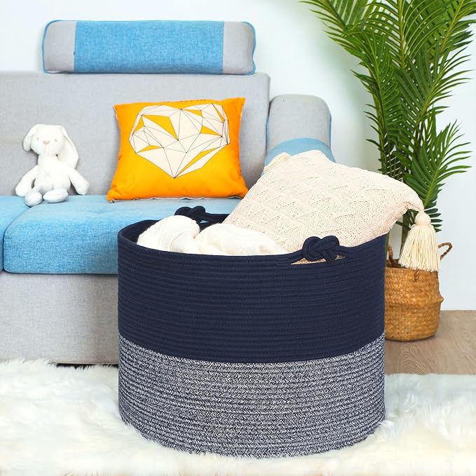 Extra Large 22 x 16in Decorative Woven Cotton Rope Blanket Storage Basket Bin Living Room with Handles and Laundry Hamper for Pillows, Pool Towels, Dog Toys, Shoes, Navy Blue - Image 3