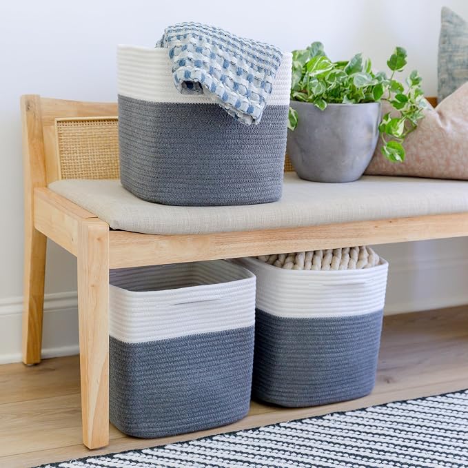 NaturalCozy Storage Cubes 11 Inch Cotton Rope Woven Baskets for Organizing, 3-Pack | Cube Storage Bin | Square Storage Baskets for Shelves Organizer, Classroom, Kids Toy Bins, Closet, Baby Nursery - Image 4