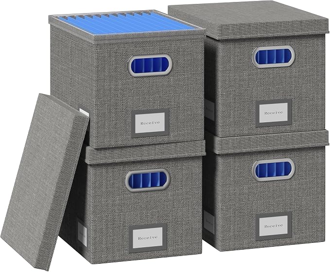 File Organizer Box - File Boxes for Hanging Files with Lid Set of 4 Decorative Hanging Folders Organizer with One-Piece Plastic Frame Slides (Grey, 13.2 * 10.1 * 10.1in(4Pack)) by FileOrganizerBoxeswithLid