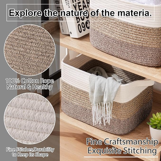 OIAHOMY Woven Storage Basket, Cotton Rope Baskets for Toys,Towel, Clothes, Used to Bathroom,Living Room,Nursery,Bedroom, 16"x12"x10"- Pack of 3, Gradient Dark Brown - Image 6