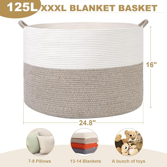 XXXXL 125L Extra Large Blanket Basket, 24.8" x 16" Jumbo Woven Basket (Includes 2 Cute Baskets), Cotton Rope Basket with Handle for Living Room, Baby Toys Nursery, Laundry (White/Light Grey) - Image 3