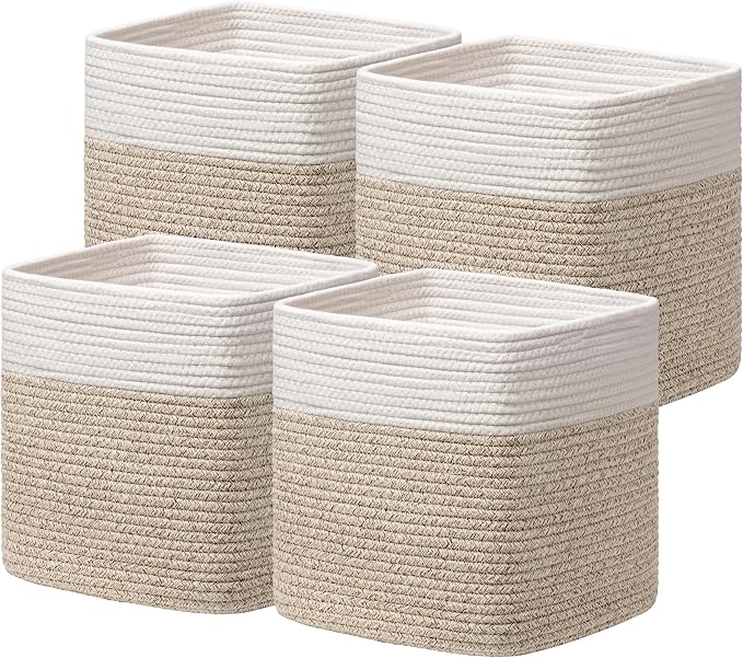 joybest 13inch Cube Storage Bins, Cotton Rope Woven Organizer Basket | Set of 4 Cube Bin Square Shelves Organizer Closet Storage, Nursery, Toy Organization, Brown&White by joybest