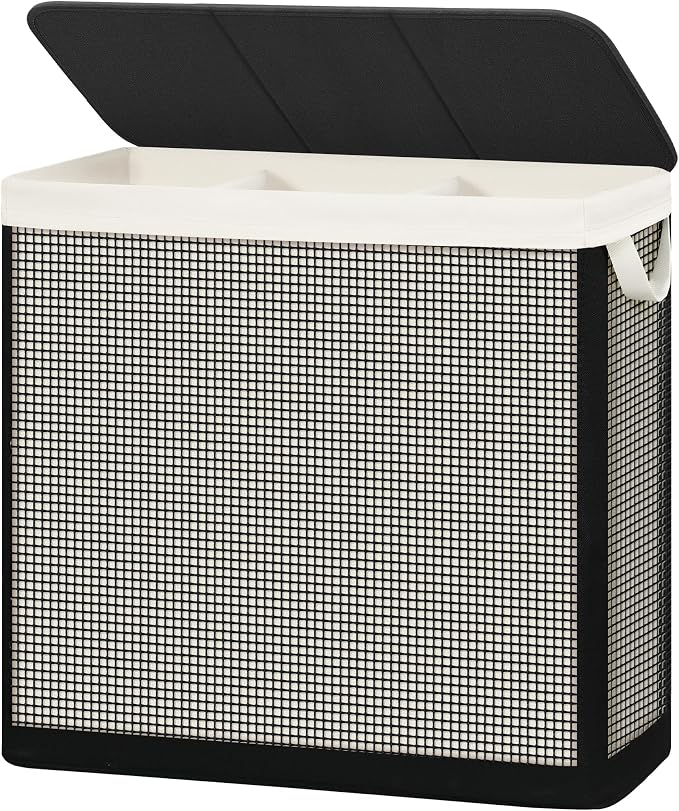 STO STO 3 Section Laundry Hamper with Lid, 180L Steel-Frame 3 Compartment Laundry Sorter with Removable Washable Liner, Breathable Large Laundry Basket for Bedroom, Bathroom, Laundry Room, Dorm by STOSTO