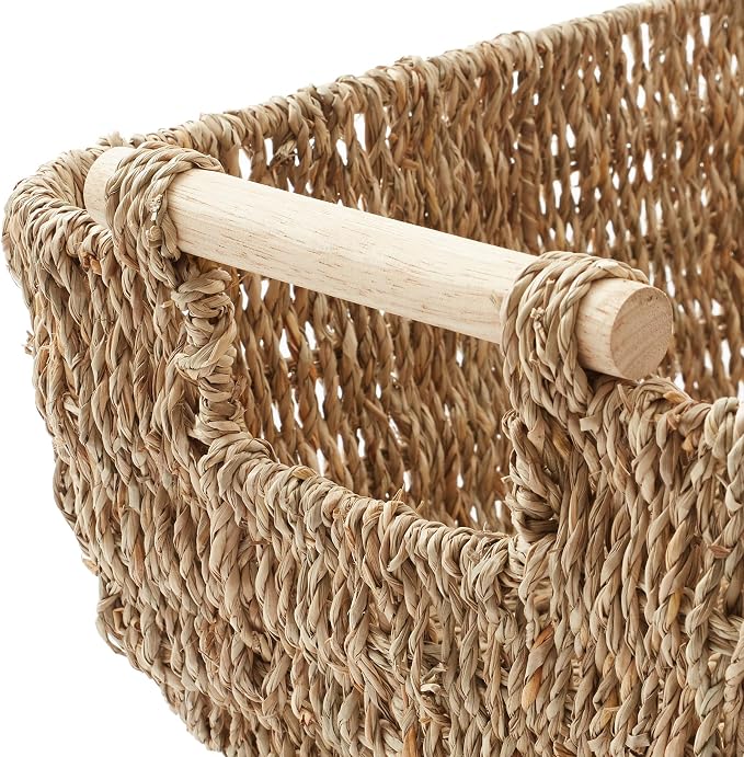 Casafield Set of 2 Seagrass Oval Storage Baskets with Wooden Handles - Medium, Woven Bin Organizers - Image 6