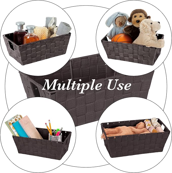 Simplify Small Shelf Woven Strap Tote | Decorative Storage Basket | Built in Handles | Organization | Closet | Bedroom | Bathroom | Nursery | Accessories | Toys | Gifts | 4 Pack | Chocolate - Image 4