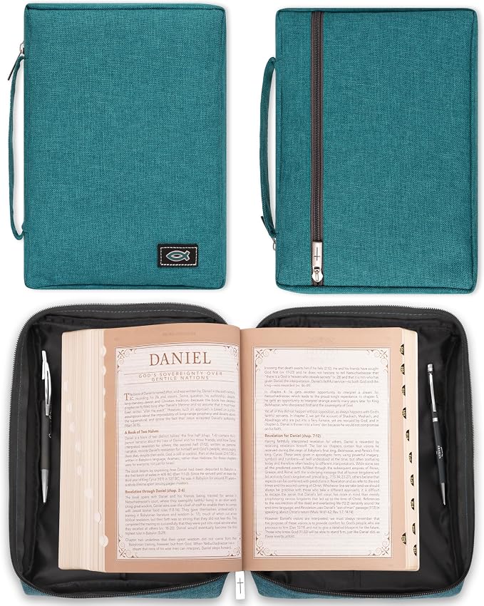 Christian Art Gifts Men/Women's Bible Cover Jesus Fish, Teal Canvas, Medium - Image 2