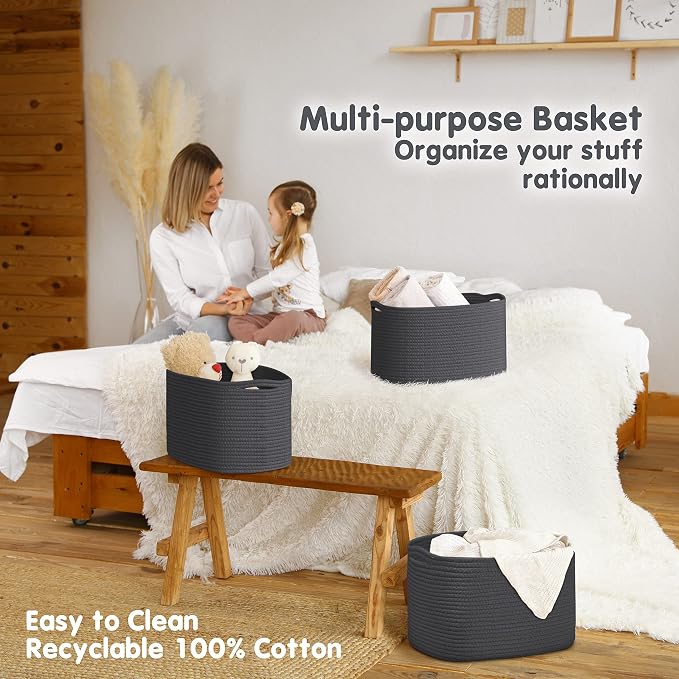 CHAT BLANC Cotton Rope Baskets for Organizing, Shelves, Toys, Storage, Shoe, Bathroom, Laundry, Towel, Nursery, Home Decor, Blanket, Cloth Woven Bins Fabric (Graphite, 15"x10"x9") - Image 4