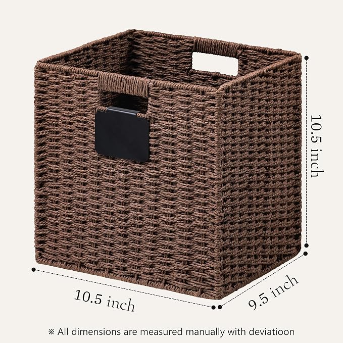 UBBCARE 4 Pack Wicker Basket, 10.5×10.5 Storage Cubes with Label, Foldable Cube Storage Bin with Handle, Square Storage Basket for Shelves, Woven Paper Rope Basket for Organizing, Brown - Image 2