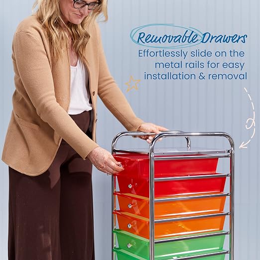 ECR4Kids 10-Drawer Everyday Mobile Storage Utility Cart, Assorted | Durable plastic bins, steel frame, GREENGUARD Gold Certified, 50 lb capacity, rolling casters, craft supplies, office, home - Image 6