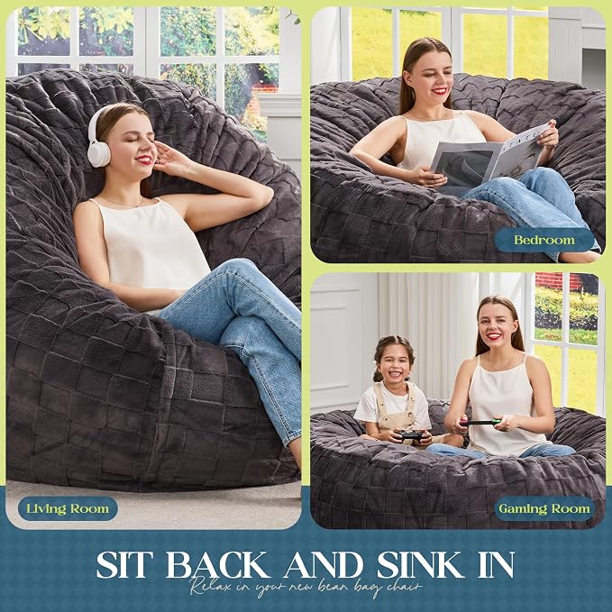 Hobestluk Adults Bean Bag Chair 5FT Big BeanBag Chair Giant Large Oversized | Memory Foam,Washable Cover,Unique Fluffy Plaid,Comfy Bean Bag with Filler Lounging Gaming Bedroom Living Room | Dark Grey 5FT - Image 5