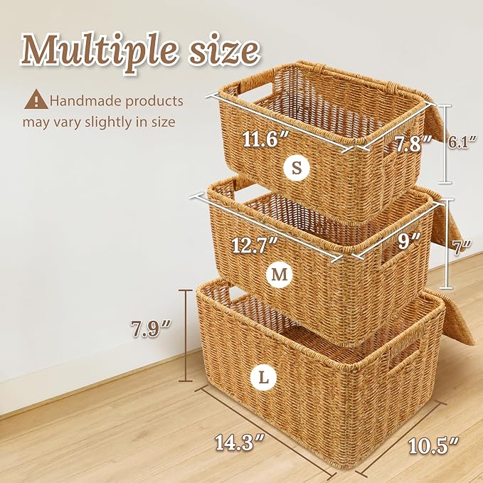 WeeNest Baskets with Handles, Wicker Storage, Shelf Boxes for Organizing, Stackable Woven Bins, Decorative Lidded Resin, Set of 3, Amber - Image 6