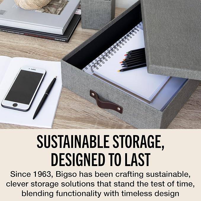 Bigso Box of Sweden Oskar Canvas Fiberboard Document Letter Box - File Organizer Box for Important Paperwork - Document Storage with a Lid & Handle - 3.3 in x 10.2 in x 13.8 in - 3 Pack - Grey - Image 7