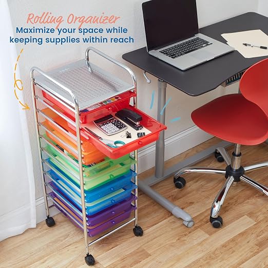ECR4Kids 10-Drawer Everyday Mobile Storage Utility Cart, Assorted | Durable plastic bins, steel frame, GREENGUARD Gold Certified, 50 lb capacity, rolling casters, craft supplies, office, home - Image 4