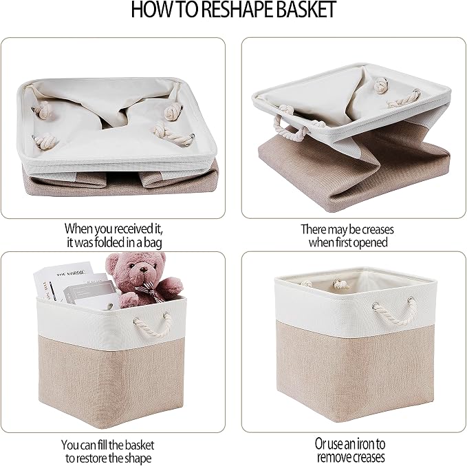 MidmmVick 13 x 13 Inch Cube Storage Bins, 4 Pack Large Collapsible Fabric Storage Bin with Ropes, Foldable Storage Cubes for Home, Office,Closet, Clothes, Toys Organizer (White & Beige) - Image 5
