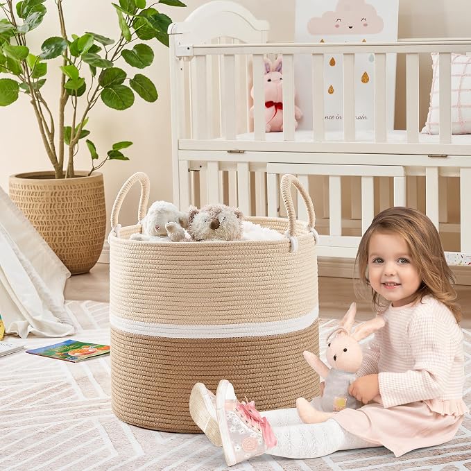 KAKAMAY Large Blanket Basket (18"x18"x16"),Woven Baby Laundry Hamper for Storage, Cotton Rope Blankets Baskets for Nursery, Laundry, Living Room, Pillows, Baby Toy chest with Handles (Light Brown) - Image 5