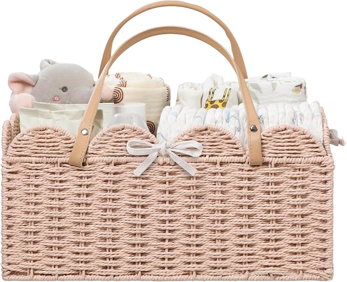 HBlife Baby Diaper Caddy, Paper Rope Storage Baskets Nursery Bin with Removable Divider, Portable Car Organizer for Diapers, Baby Shower Gifts, Newborn Essentials Must Haves by HBlife