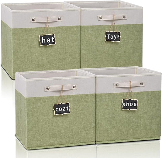 11 inch cube storage bin,Collapsible Fabric Storage Cubes with Labels 4 Pack,Linen Cube Storage Organizer Bins with Cotton Handles for Home,Nursery,Clothes,Cabinet, Shelves and Closet(White green). by Storageexperts