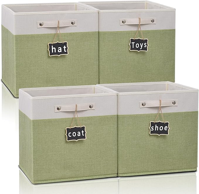 13x13x13 Inch Large Foldable Fabric Linen Cube Storage Bins【4-pack】, with Cotton Handles Closet Bins for Cabinet Shelves Home Organization and Storage bins(White&green) by Storageexperts