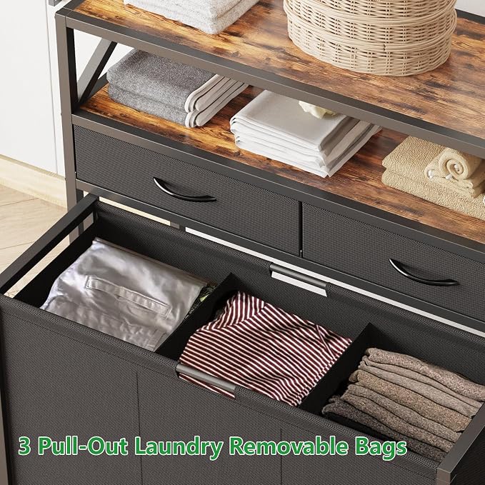 150L Laundry Sorter Hamper 3 Section with 2 Shelves & 2 Drawers | 3 Compartment Clothes Storage Organizer Cart, Pull-Out Removable Oxford Fabric Bags - Image 6