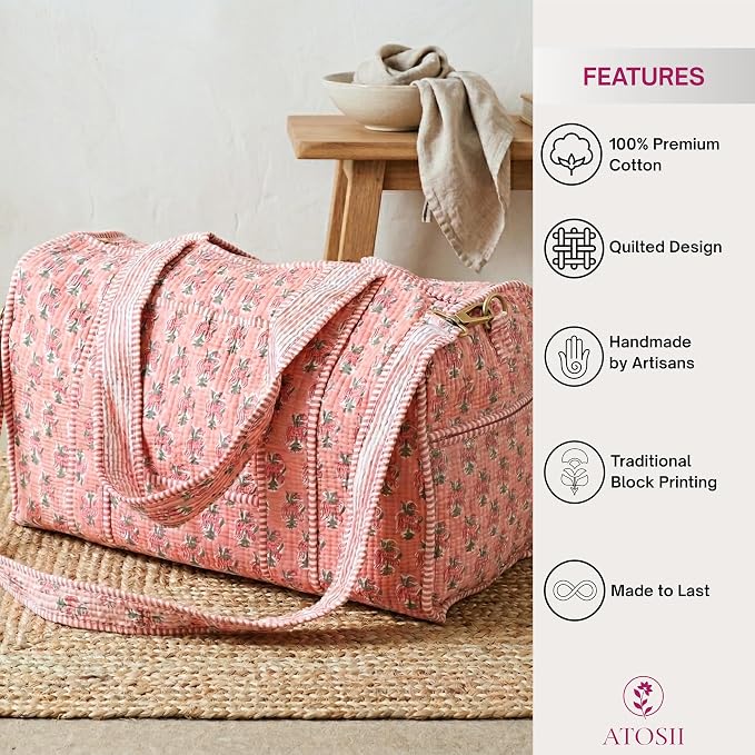 ATOSII Large Duffle Bag, Handblock Print 100% Quilted Cotton for Overnight Trip, Travel Weekender, Luggage, 2 Pockets with Zipper 1 Front Pocket, Detachable Long Strap, 20 X 10 X 12 Inches, Peach Aura - Image 4