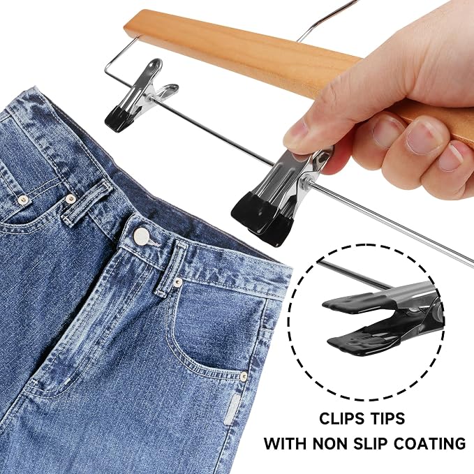 24-Pack 14" Wood Pants Hangers, Adjustable Non-Slip Clip, Natural Wood | Solid Wood Material, Bottom Hangers with 360° Swivel Hook, Space Saving Hangers for Skirts, Slacks, Trousers, Jeans - Image 4